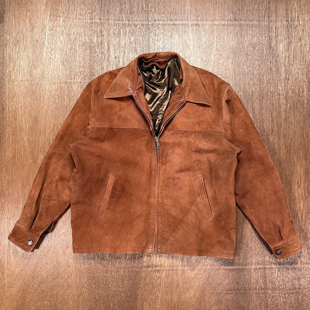 Vintage Western Brown Suede Leather Jacket Oklahoma State Seal Buttons XL